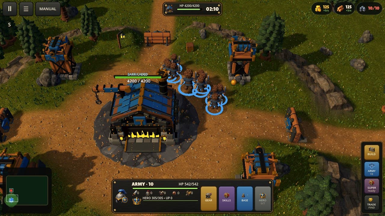 A fortified plateau with four gate barricades and corner towers, a full brigade of fighters massed beside the Stronghold
