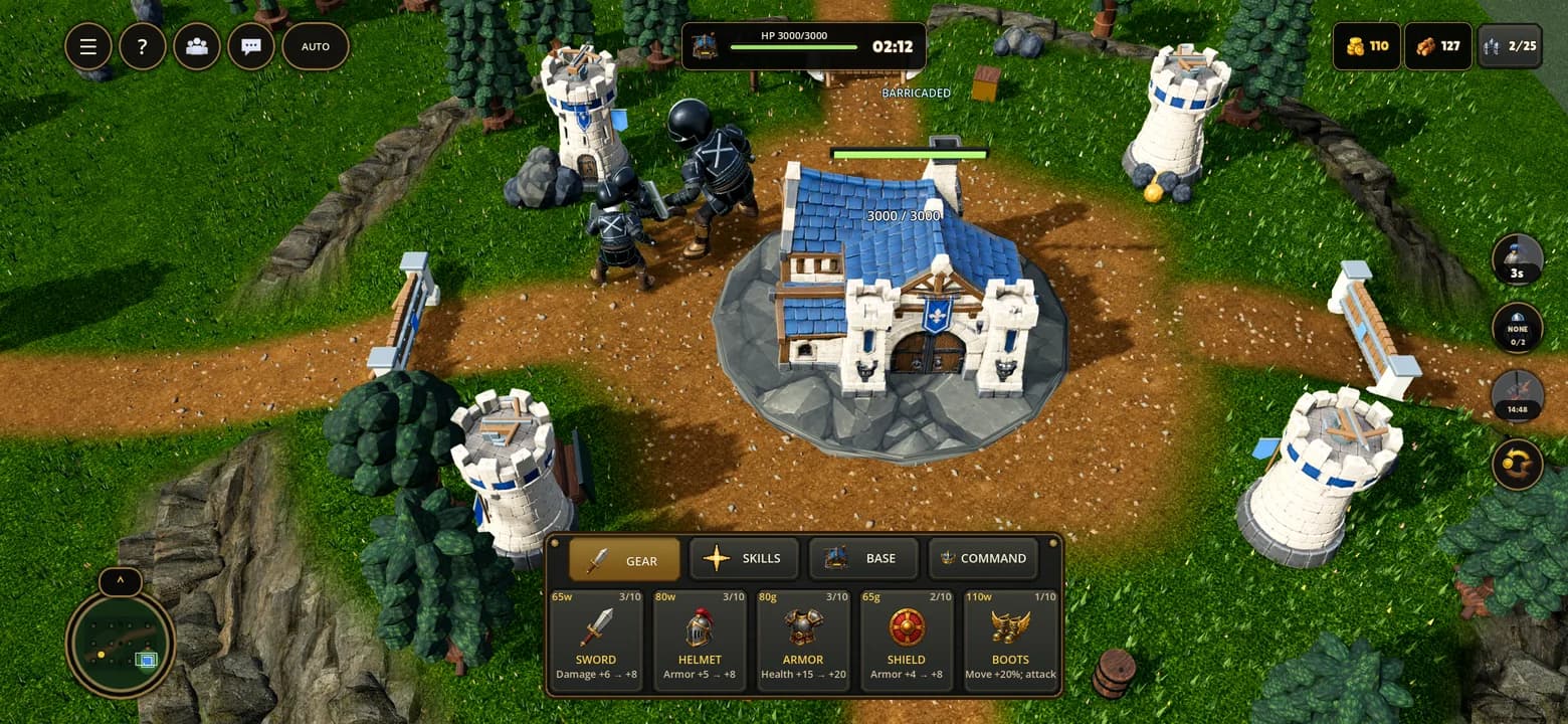 A blue Stronghold ringed by four towers while armored knights hold the lane